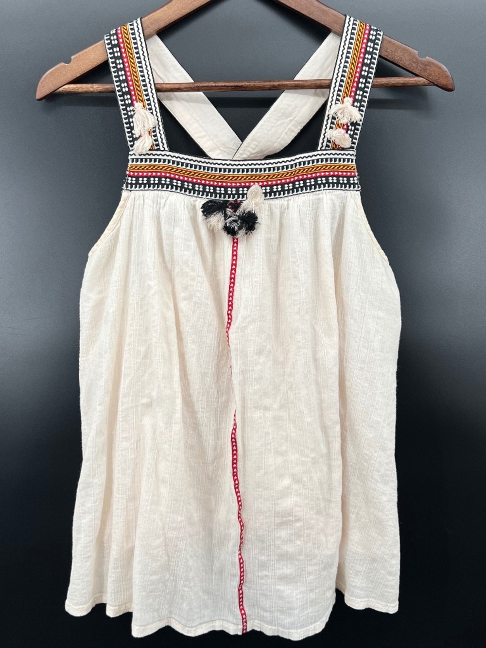 French Connection Cream Tassel Embroidered Boho Tank Top Women Size 8 (Flaw)